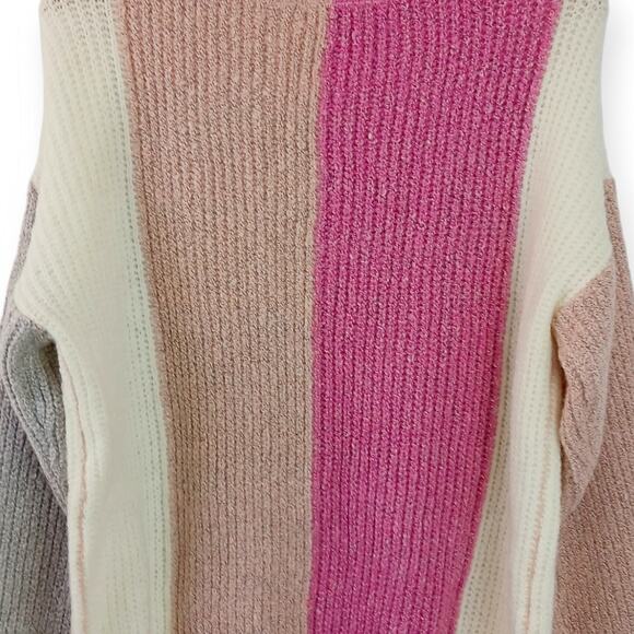 Kori SZ S Oversized Colorblock Striped V-Neck Sweater NWT Pink Gray Cream Tan - Picture 6 of 8